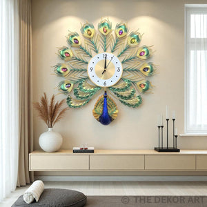Peacock Metal Wall Clock – Multicolor Jewel Feathers, 50×50 cm – Whimsical Touch for Stylish Interiors