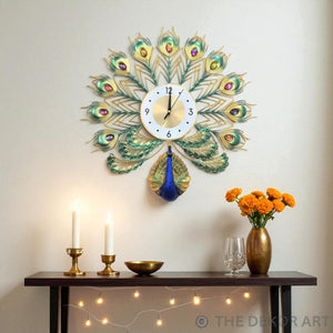 Peacock Metal Wall Clock – Multicolor Jewel Feathers, 50×50 cm – Whimsical Touch for Stylish Interiors