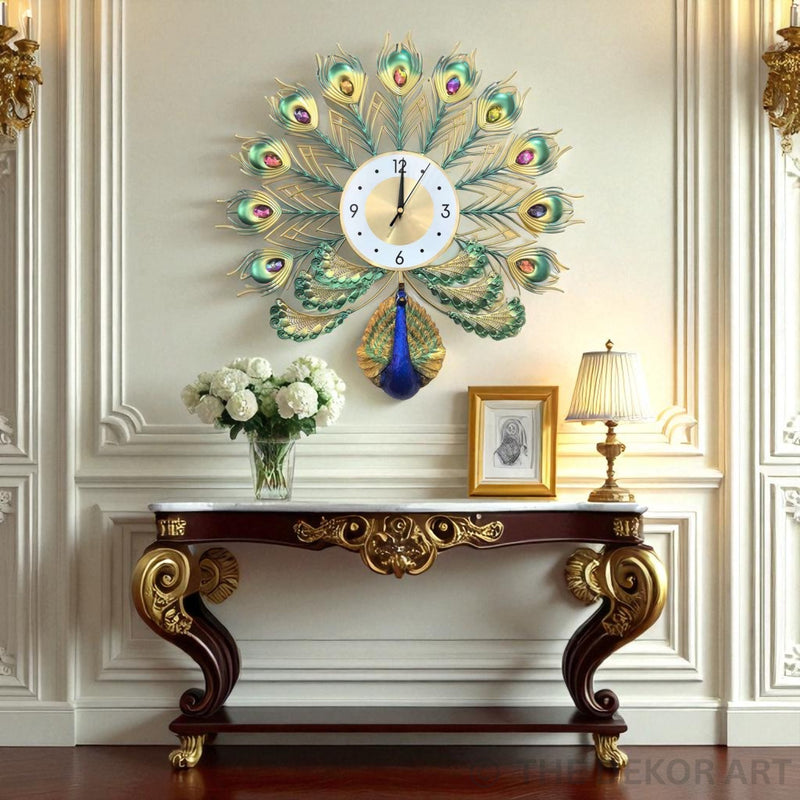 Peacock Metal Wall Clock – Multicolor Jewel Feathers, 50×50 cm – Whimsical Touch for Stylish Interiors