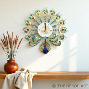 Peacock Metal Wall Clock – Multicolor Jewel Feathers, 50×50 cm – Whimsical Touch for Stylish Interiors
