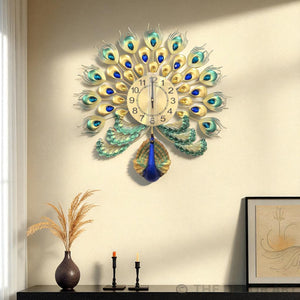 Royal Gold Peacock Metal Wall Clock – Ocean Blue Accents, 50×50 cm – Premium Centerpiece for Sophisticated Homes