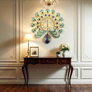 Royal Gold Peacock Metal Wall Clock – Ocean Blue Accents, 50×50 cm – Premium Centerpiece for Sophisticated Homes