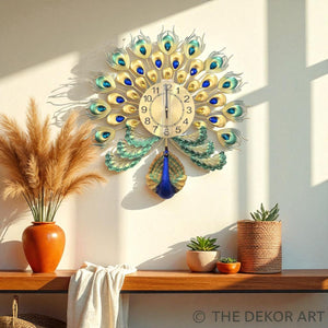 Royal Gold Peacock Metal Wall Clock – Ocean Blue Accents, 50×50 cm – Premium Centerpiece for Sophisticated Homes