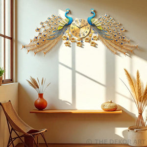 Grand Twin Peacock Designer Metal Wall Clock – Luxe Gold Dial, 145×75 cm – Majestic Artpiece for Hallways & Living Room Elegance