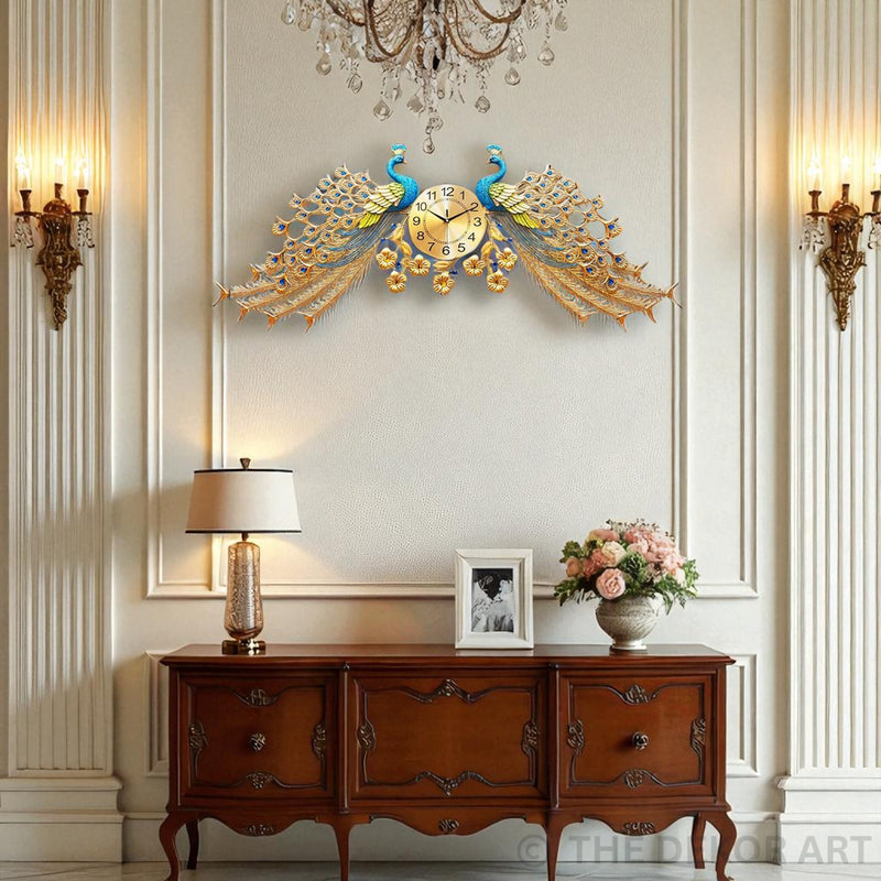 Grand Twin Peacock Designer Metal Wall Clock – Luxe Gold Dial, 145×75 cm – Majestic Artpiece for Hallways & Living Room Elegance