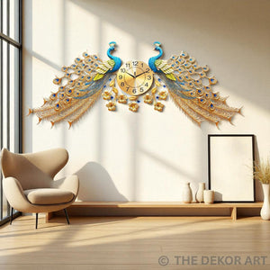 Grand Twin Peacock Designer Metal Wall Clock – Luxe Gold Dial, 145×75 cm – Majestic Artpiece for Hallways & Living Room Elegance