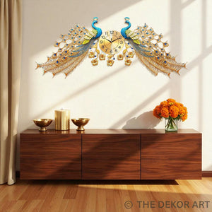 Grand Twin Peacock Designer Metal Wall Clock – Luxe Gold Dial, 145×75 cm – Majestic Artpiece for Hallways & Living Room Elegance