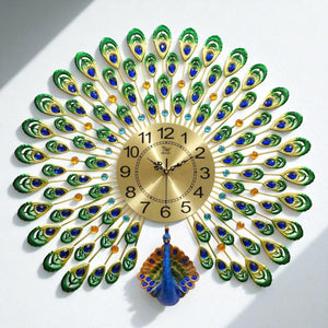 Majestic Green & Blue Peacock Wall Clock – Premium Metal Art, 70×68 cm – A Regal Touch for Modern Homes