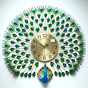 Elegant Peacock Metal Wall Clock – Radiant Gold Dial, 70×65 cm – Opulent Decor for Hall & Lounge