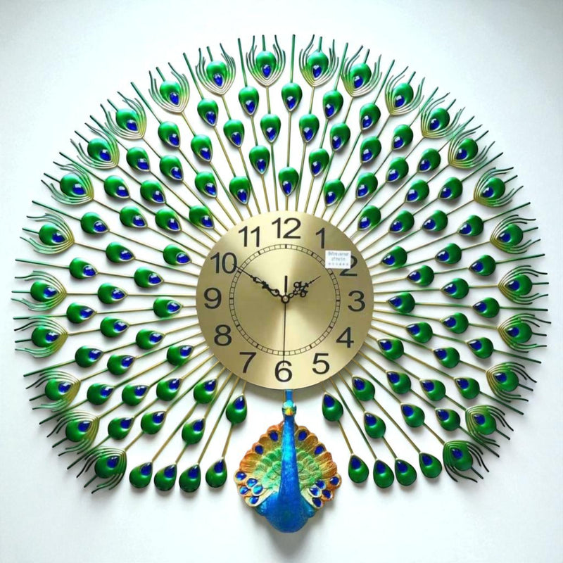 Elegant Peacock Metal Wall Clock – Radiant Gold Dial, 70×65 cm – Opulent Decor for Hall & Lounge