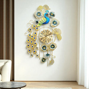 Designer Peacock Art Metal Wall Clock – Floral Motif with Gold Grid, 100×55 cm – Statement Luxury Living Decor