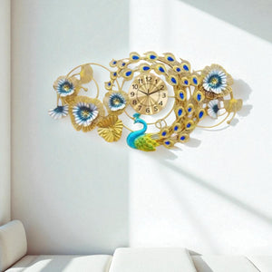 Ornamental Peacock Metal Wall Clock – Horizontal Floral Design, 100×55 cm – Premium Wall Accent for Dining Areas