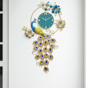 Vertical Peacock Metal Wall Clock – Botanical Art with Turquoise Dial, 105×60 cm – Luxury Entryway Statement Piece