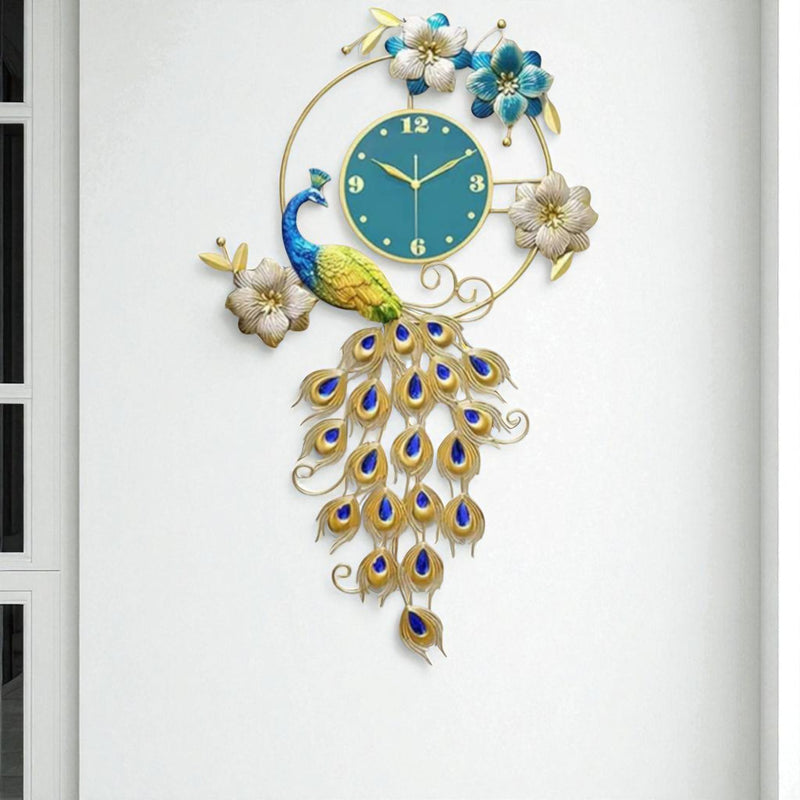 Vertical Peacock Metal Wall Clock – Botanical Art with Turquoise Dial, 105×60 cm – Luxury Entryway Statement Piece