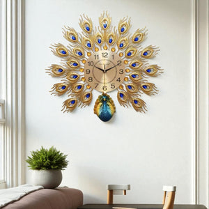Compact Peacock Feather Metal Wall Clock – Gold & Sapphire Finish, 50×50 cm – Elegant Accent for Any Room