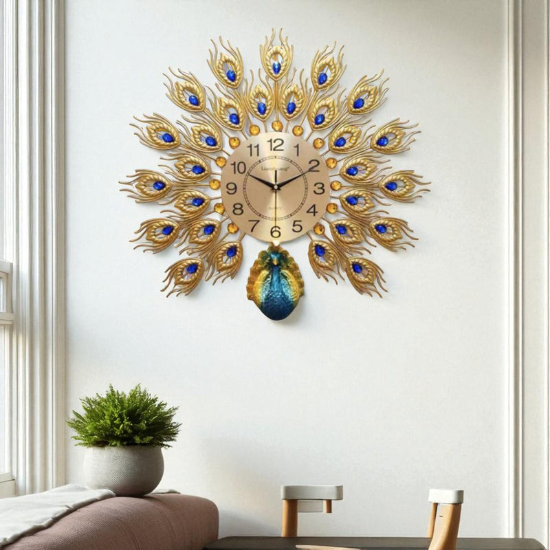 Compact Peacock Feather Metal Wall Clock – Gold & Sapphire Finish, 50×50 cm – Elegant Accent for Any Room