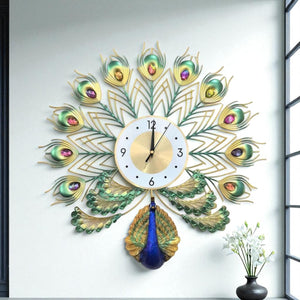 Peacock Metal Wall Clock – Multicolor Jewel Feathers, 50×50 cm – Whimsical Touch for Stylish Interiors