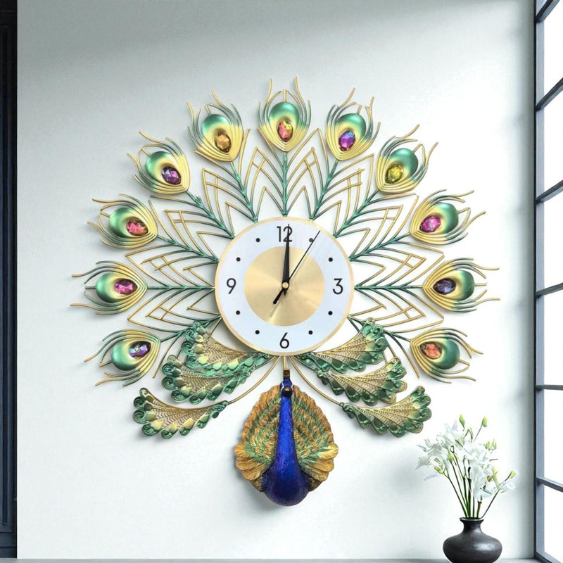 Peacock Metal Wall Clock – Multicolor Jewel Feathers, 50×50 cm – Whimsical Touch for Stylish Interiors