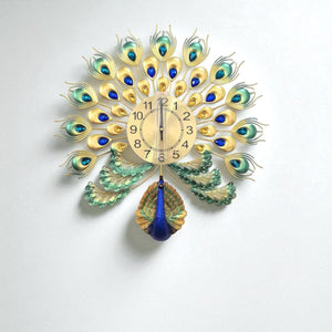 Royal Gold Peacock Metal Wall Clock – Ocean Blue Accents, 50×50 cm – Premium Centerpiece for Sophisticated Homes