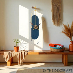 Navy & Gold Designer Oval Wall Clock – 36×8 Inch – Sleek Modern Art Accent for Hallway or Studio