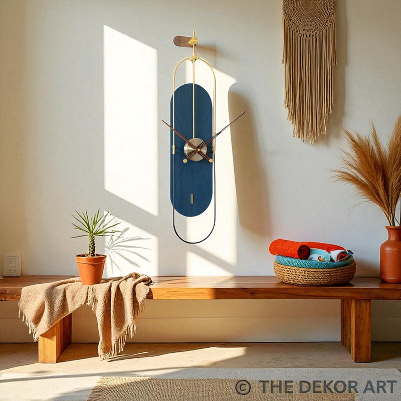 Navy & Gold Designer Oval Wall Clock – 36×8 Inch – Sleek Modern Art Accent for Hallway or Studio