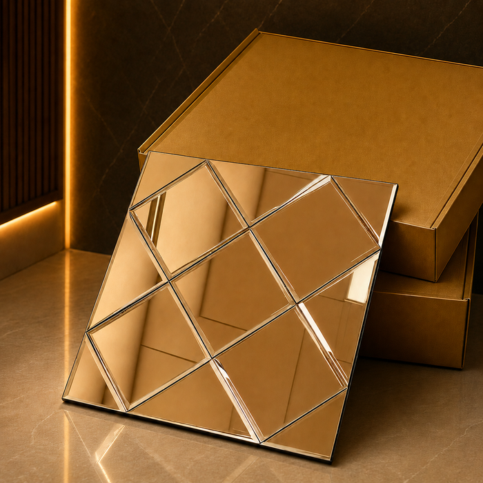 Gold Cross-Cut Bevel Self-Adhesive Glass Mosaic Wall Tile – 12×12 Inch