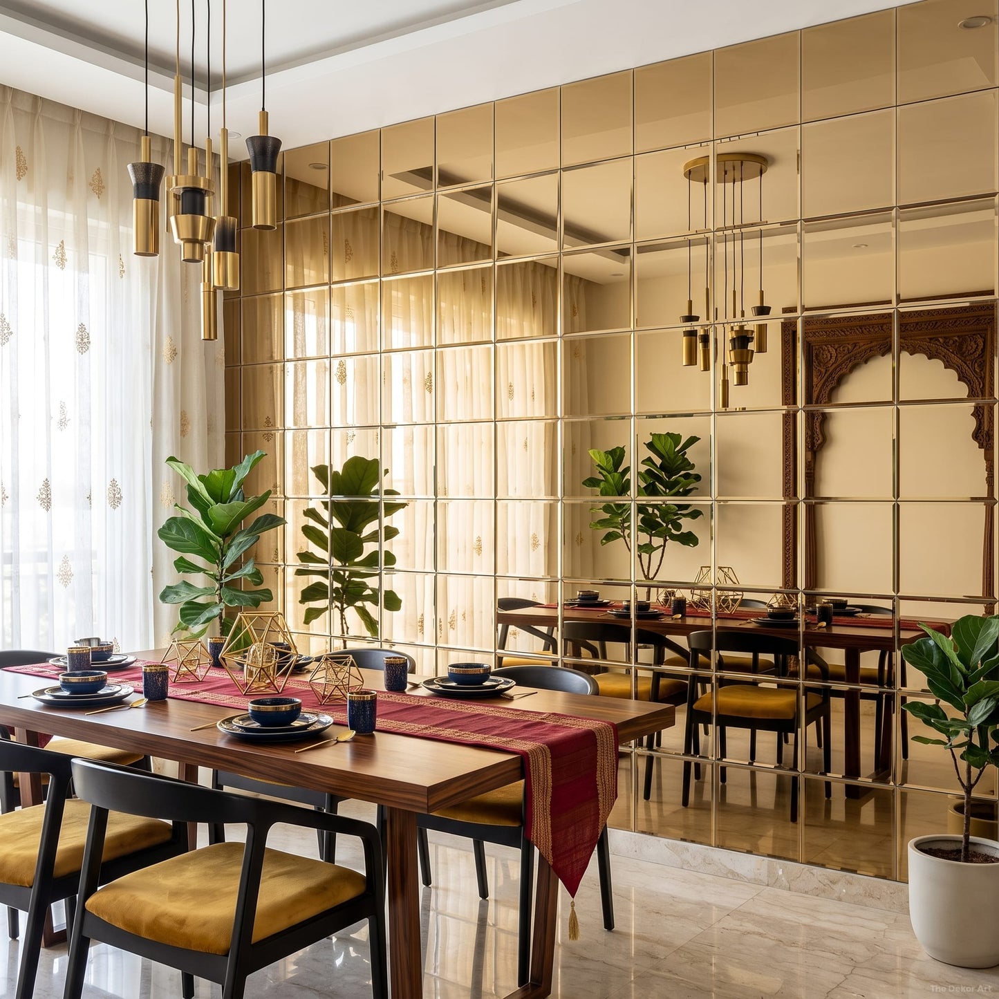 Gold mirror glass mosaic wall tiles at The Dekor Art - elegant dining area | The Dekor Art