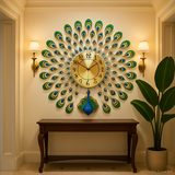 Peacock feather metal wall clock in gold and blue, The Dekor Art - foyer entryway | The Dekor Art 