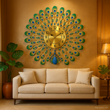 Peacock feather metal wall clock in gold and blue, The Dekor Art - living room | The Dekor Art 