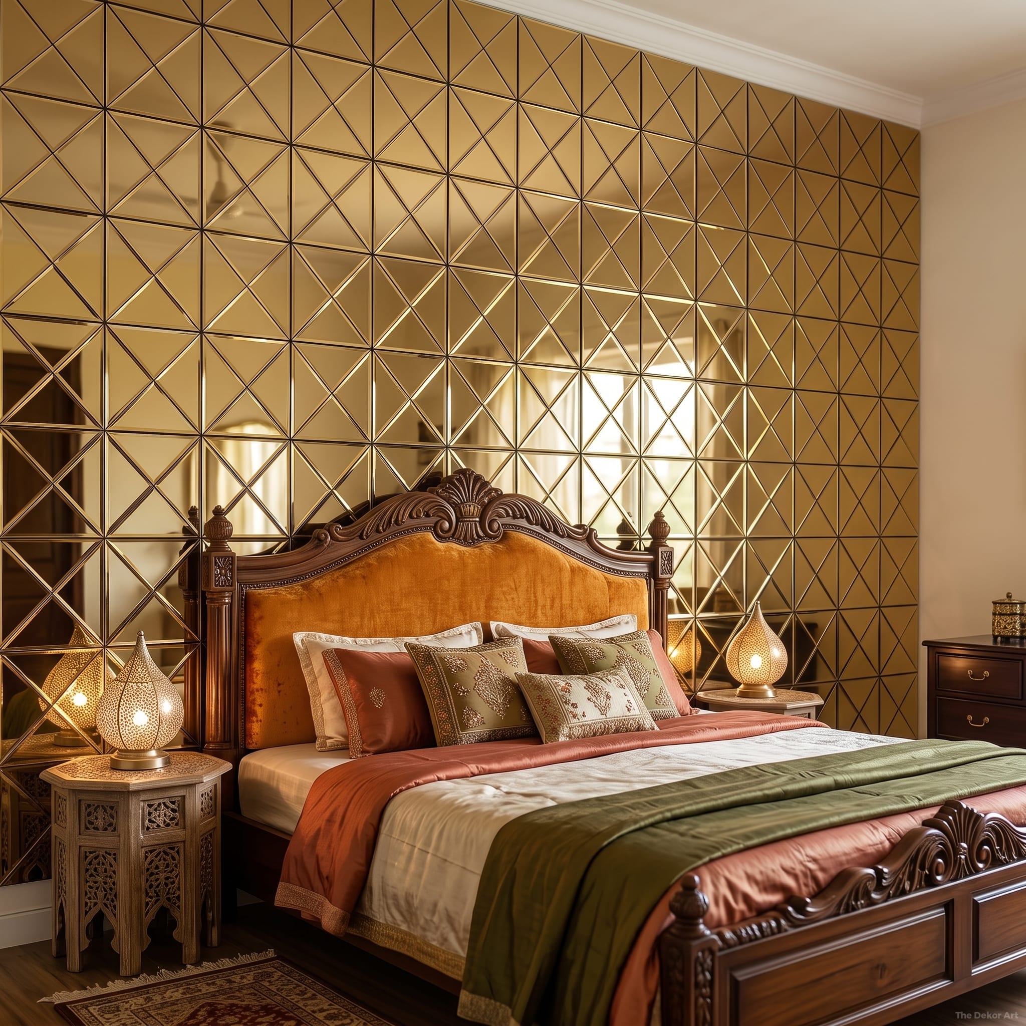 Gold mirror glass mosaic wall tiles at The Dekor Art - serene master bedroom | The Dekor Art
