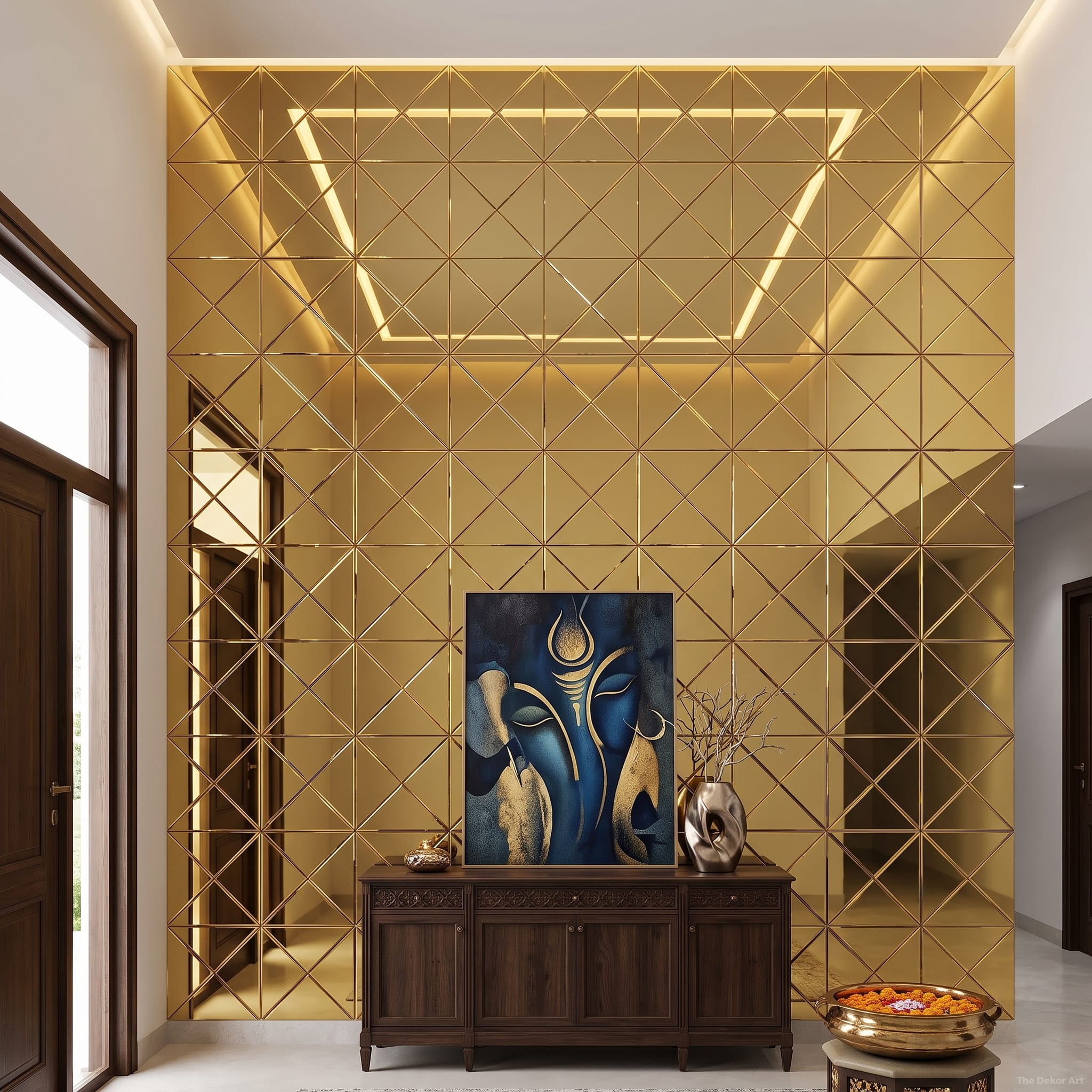 Gold mirror glass mosaic wall tiles at The Dekor Art - grand entryway foyer | The Dekor Art