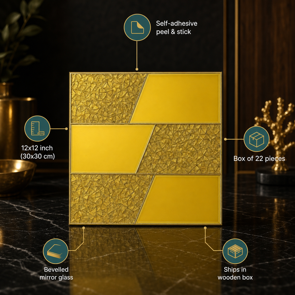 Gold Pyramid Bevel Glass Mosaic Tiles - infographic | The Dekor Art