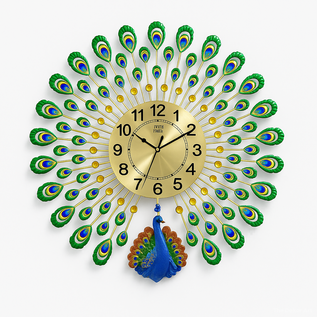Peacock feather metal wall clock in gold and blue, The Dekor Art - studio white | The Dekor Art 