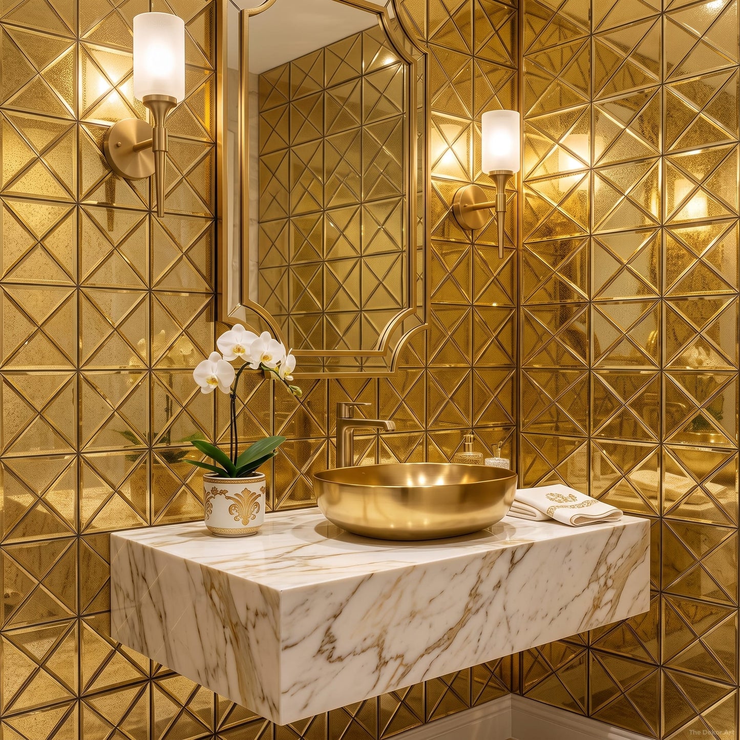 Gold Cross-Cut Bevel Glass Mosaic Mirror Tiles by The Dekor Art - indian powder room | The Dekor Art