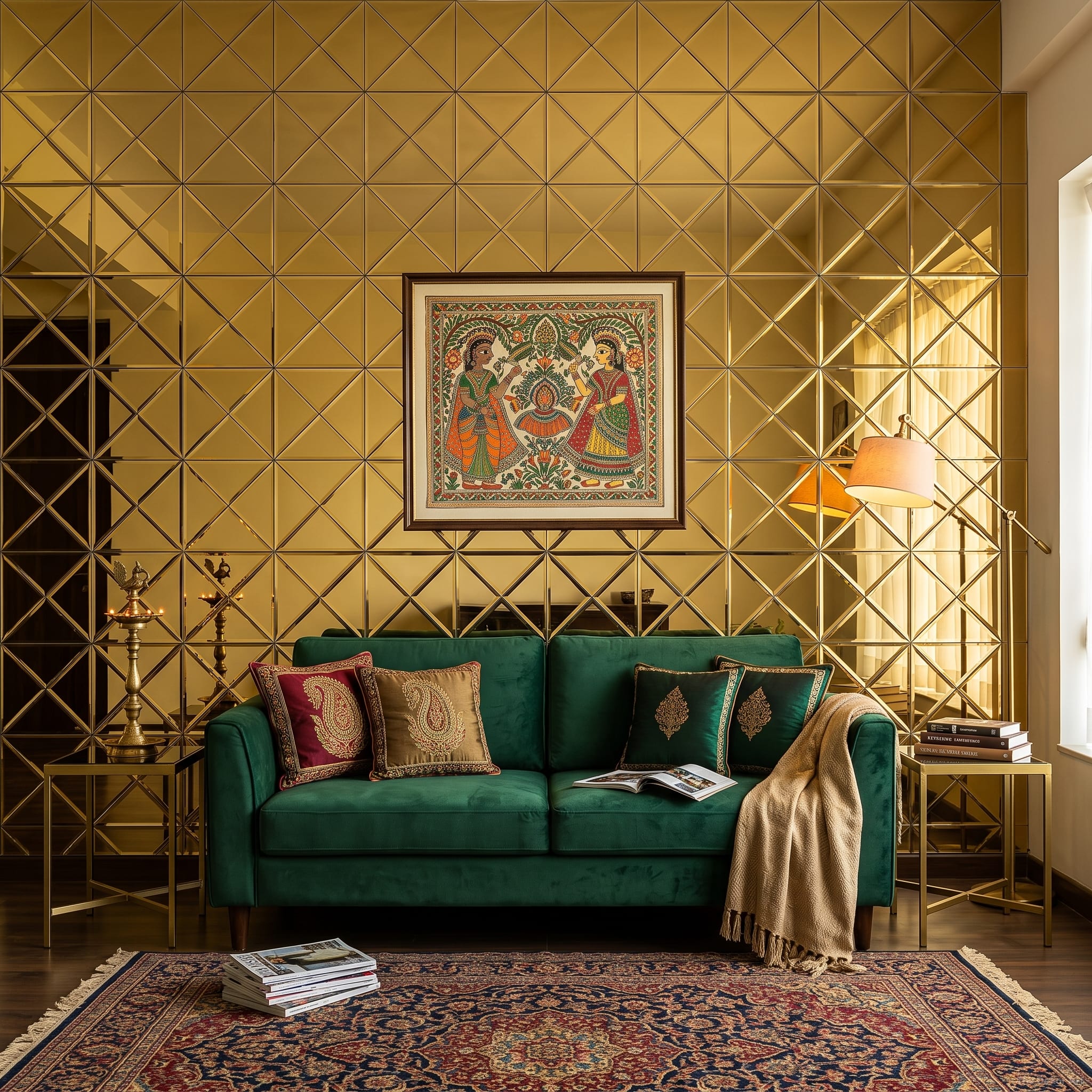 Gold Cross-Cut Bevel Glass Mosaic Mirror Tiles by The Dekor Art - indian living room | The Dekor Art