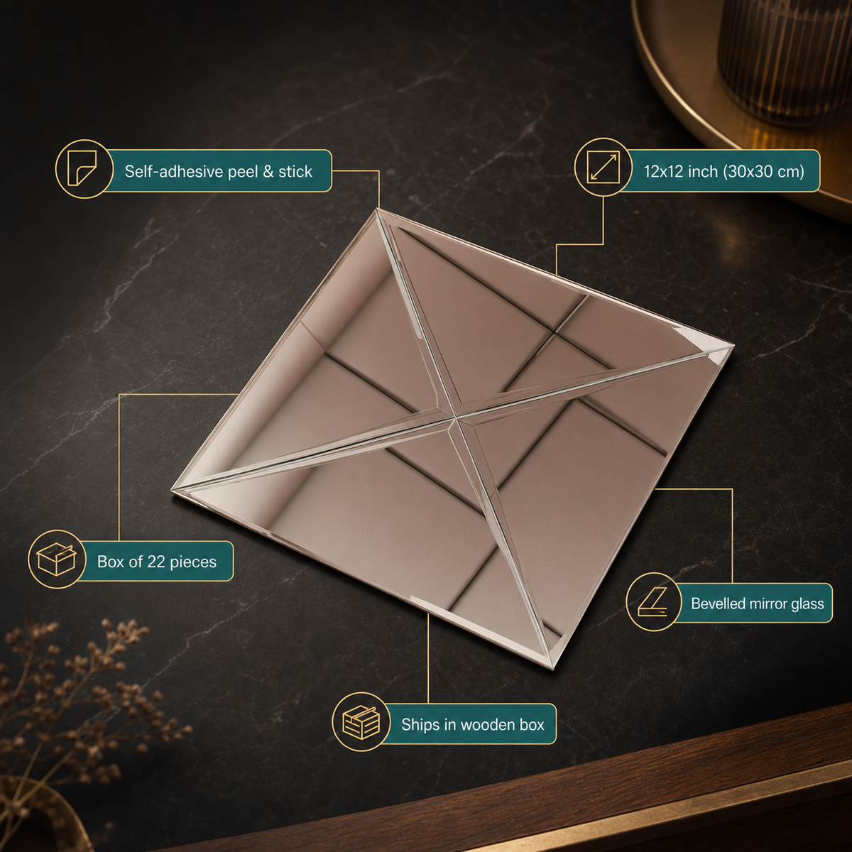 Rose Gold Glass Mosaic Mirror Tiles for Feature Wall - 12x12 inches (Box of 22) - infographic | The Dekor Art