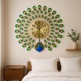 Peacock feather metal wall clock in gold and blue, The Dekor Art - bedroom | The Dekor Art 