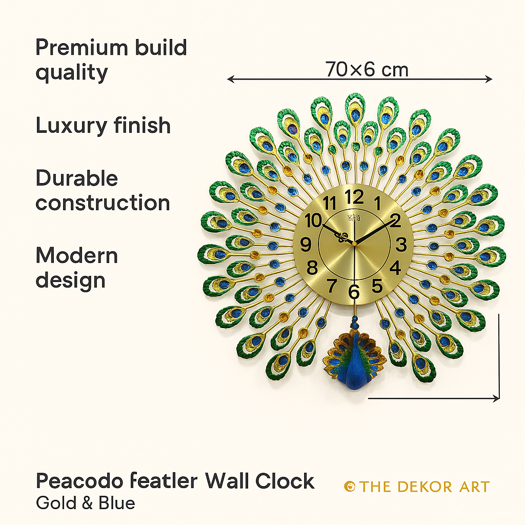 Peacock feather metal wall clock in gold and blue, The Dekor Art - infographic | The Dekor Art 